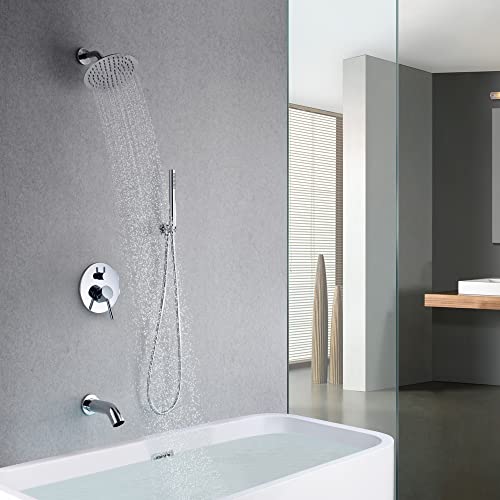 Image of sumerain Rain Shower System with Tub Spout, Tub Shower Faucet Set with 8 inches Shower Head and Hand Shower, Valve Included Chrome