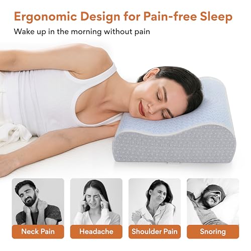 Image of FOVERA Cool Gel & Memory Foam Cervical Pillow for Neck Pain | Orthopedic Neck Support Pillow for Sleeping, Neck & Shoulder Pain (Universal - 21 x 13 x 4 Inch, Grey, Pack of 1)