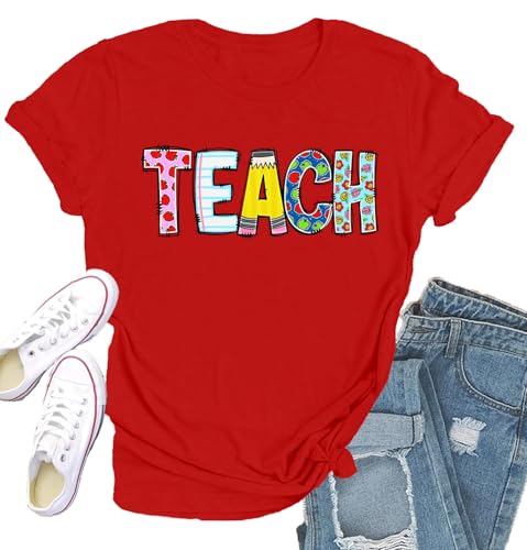 Qskall Teacher Shirts for Women Teach Teaching Tshirt Teacher Life Tee Tops Red