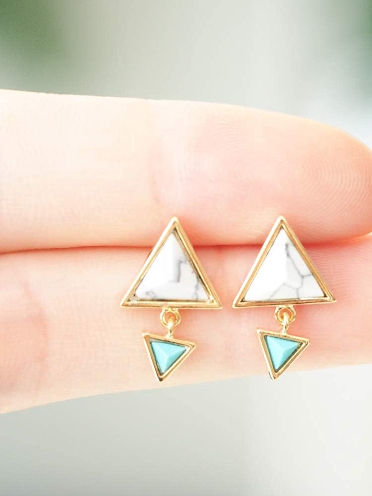 White Simulated Howlite and Simulated Turquoise Double Triangle Minimal Dangle Stud Earrings - Image 2