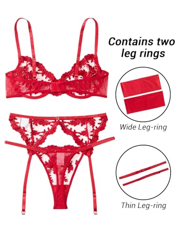 Image of Lilosy Sexy Leaf Floral Embroidered Mesh Sheer Women Underwire Push Up Lingerie Set