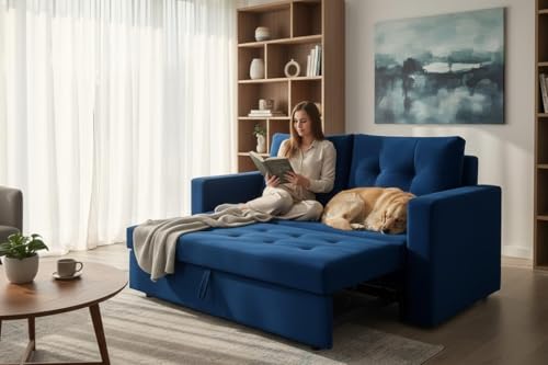 Image of FURNY Tressa 2 Seater Fabric Easy Pull-Out Sofa Cum Bed (Dark Blue) Premium Velvet Finish | Durable Comfort | Ideal for Living Room, Bedroom