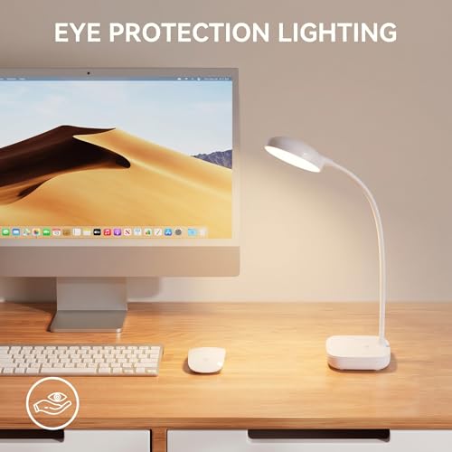 Image of White Small Battery Powered Desk Lamp,Battery operated lamp,5W Rechargeable desk light,3 Colors,Adjustable brightness,360Gooseneck Hose,Cordless lamps for small spaces,Eye-friendly and Energy Saving