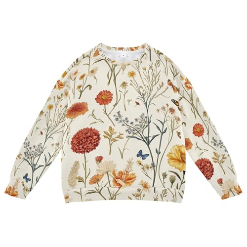 JUNZAN Autumn Flowers Carnation Butterflies Beige Kids Boys Sweatshirt Hoodie Fleece Hoodies for Girls Camping 4T