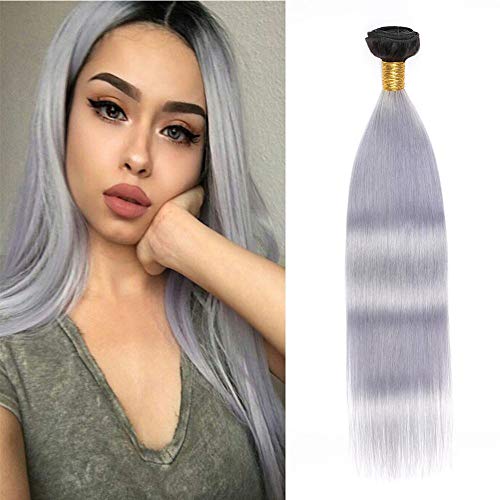 Ombre Hair Weave Straight Wave T1b/Grey 8a Peruvian Hair Bundles Two Tone Hair Dark Root To Sliver Grey Double Weft Human Hair Single Bundle for black women 20 Inch