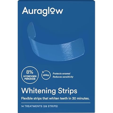 Auraglow Teeth Whitening Strips, Sensitive Whitening Strips, 14 Whitening Treatments, 8% Hydrogen Peroxide with Nano Hydroxyapatite (nHAp) to Reduce Sensitivity and Protect Enamel, 28 Strips, Mint Cover