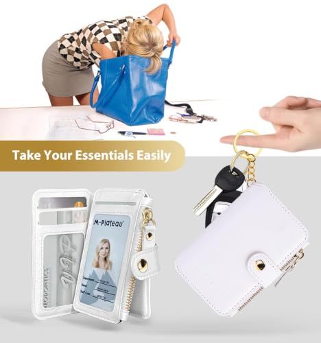 Image of M-Plateau RFID Blocking Slim Keychain Wallet for Women | Mini Card Holder with ID Window, Zipper Pocket, 6 Card Slots, Compact for Cash & Cards (White)