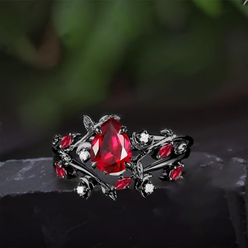 Pear/Kite/Hexagon Ruby Rings Set for Women 10K 14K 18K Gold Created Ruby Gemstone Inspired Anniversary Wedding Band Available in Rose/Yellow/White/Black Color Size 4-122