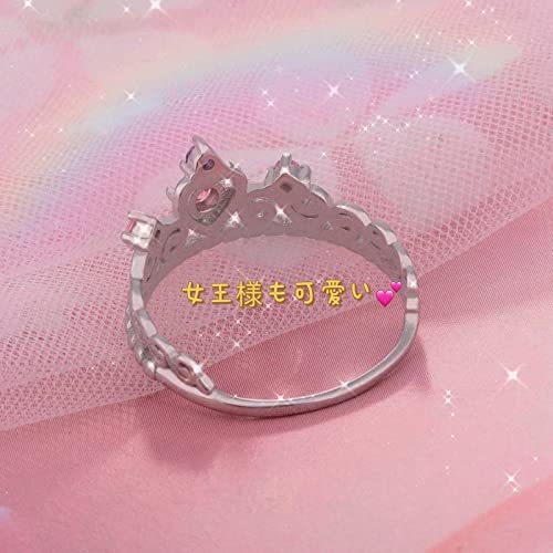 925 Sterling Silver Heart Shaped Princess Crown Ring with Pink Cubic Zirconia for Women, Wedding Engagement Promise Rings Set for Her4