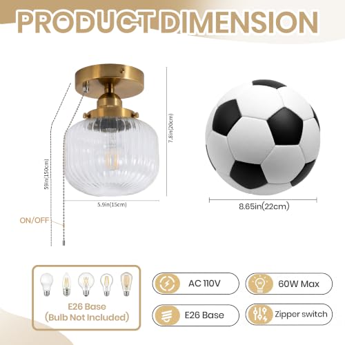 Image of Pull Chain Semi Flush Mount Ceiling Light, Vintage Brass Ceiling Light Fixture, Vertical Ribbed Clear Glass Shade Industrial Close‑to‑Ceiling Lamp, E26 Base for Hallway, Bulb Not Included