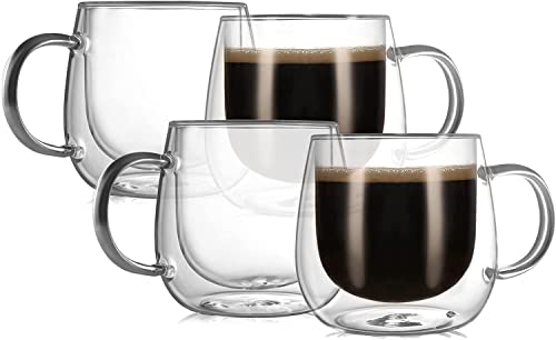 CnGlass Lot de 4 tasses à café à double paroi en verre 290 ml - Grandes tasses à expresso isolées - Avec poignée Cover