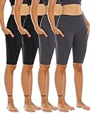 WHOUARE 4 Pack Biker Yoga Shorts with Pockets for Women,High Waisted Athletic Running Workout Gym Shorts Tummy Control,Black,Black,Dark Gray,Dark Gray,L