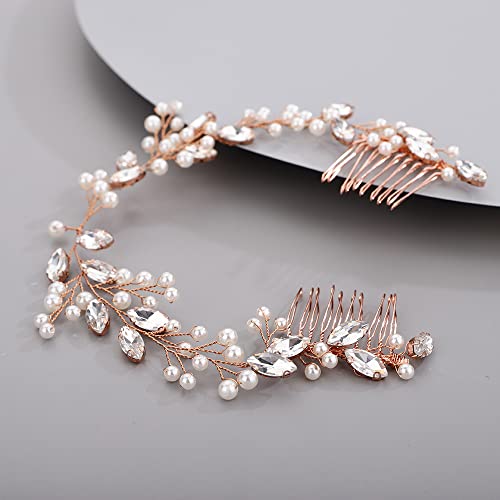 Peine para cabello con cristales y perlas, color rosa dorado miniatura 4