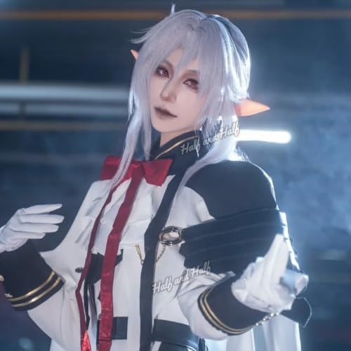 Image of Half and Half Long Silver White Anime Vam-pire Ponytail Wig with Side Part Bangs for Ferid Cospaly Light Gray White Male Wigs for Men Women Halloween Party