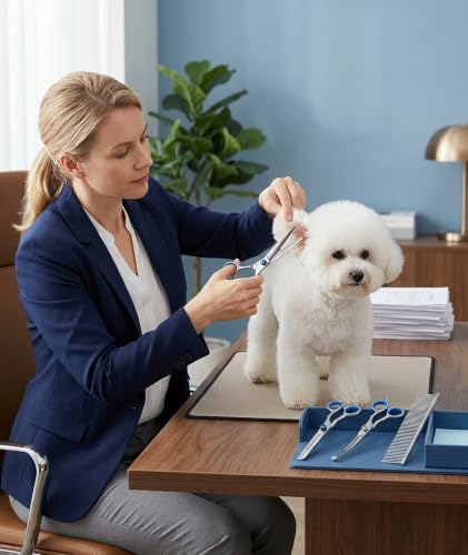 Image of 4-Piece Dog Grooming Kit, Dog Hair Cutting Scissors Set with Straight, Thinning, Downward Curved Shears and Steel Comb, Blue Ring Pet Grooming Scissors for Small Dogs