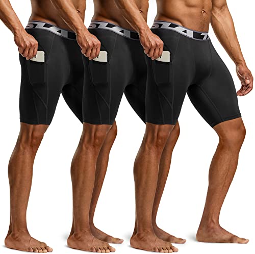 Tsla Men's Athletic Compression Shorts, Sports Performance Active Cool Dry Running Tights, Pocket 3Pack Real Black/Black/Black, Large #TOP1