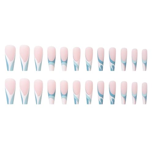 Kithue False Nails Striped White And Blue Long French Tip Press On Nails Ballerina Fake Nails For Women And Girls #TOP2