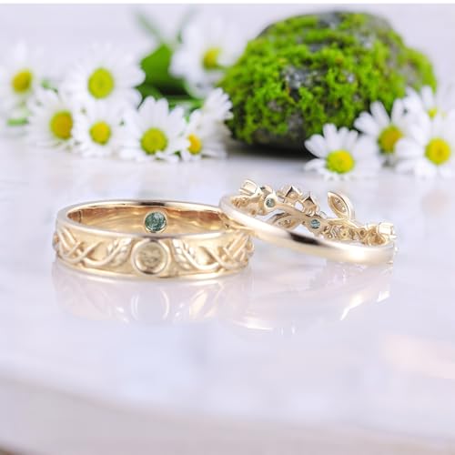 Moss Agate Promise Rings for Couples, 925 Sterling Silver/10K 14K 18K Solid Gold Natural Moss Agate Wedding Rings for Him And Her, Vintage Leaf Matching Couple Rings Anniversary Jewelry Gift4