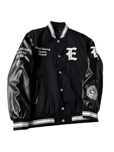 Verdusa Men's Hip Hop Leather Baseball Jacket Streetwear Bomber Jacket with Pockets