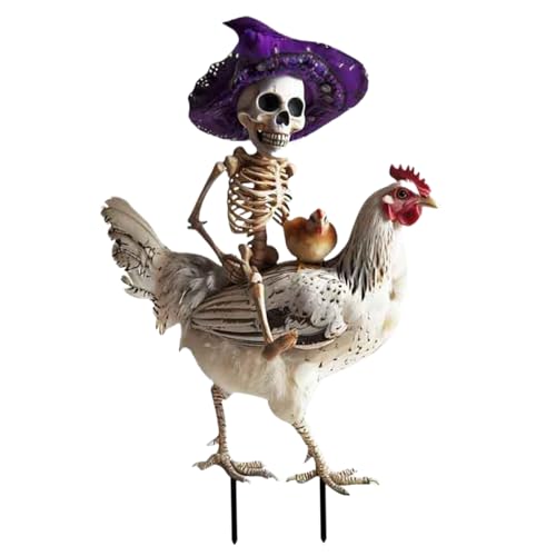 Pfjsseey Skeleton de Pollo Halloween, Skeleton Riding Rooster Decoración de Halloween Letrero de Metal de Metal con estacas de Pollo Realista para el jardín del jardín del al Aire Libre Decoración