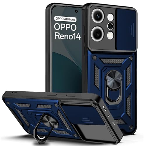 Image of AESTMO Tough Armor Oppo Reno 14 5G Bumper Back Case Cover | Ring Holder & Sliding Camera Shield Cover | 360 Degree Protection Back Case Cover for Oppo Reno 14 5G (Blue)