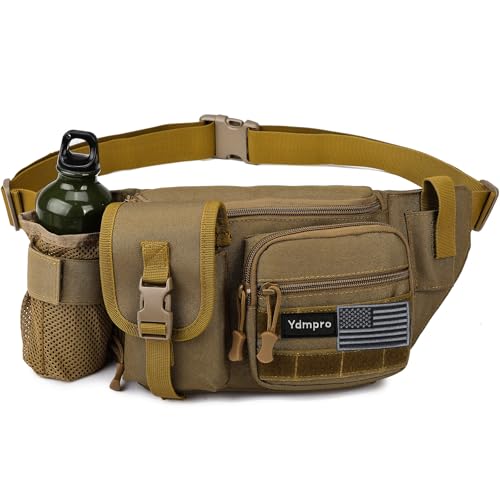 Tactical Fanny Pack,Military Waist Bag Hip Belt Bumbag Utility Bags for Fishing Hiking Hunting with Mesh Water Bottle Holder Pouch (Tan)