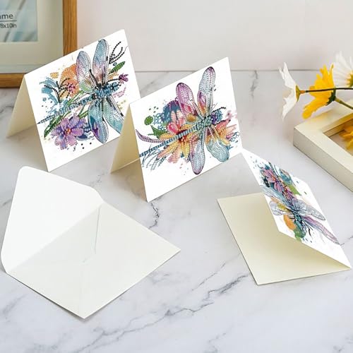 Image of AiYuanzsh 6 Pack Diamond Art Greeting Card Kits with Envelope - Dragonfly Design Floral Crystal Rhinestone Birthday & Holiday Cards, DIY Postcards for Christmas, Thanksgiving, and Gifts