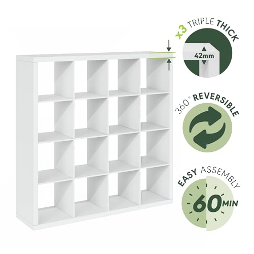 Image of Furinno Cubicle Record Player Stand, 16-Cube Vinyl Record Storage, White | Vinyl Storage, 1.68 inchInch Triple Thick, Open Back Media Shelf for CD DVD Bluray Game Disc, for Living Room, Home Office