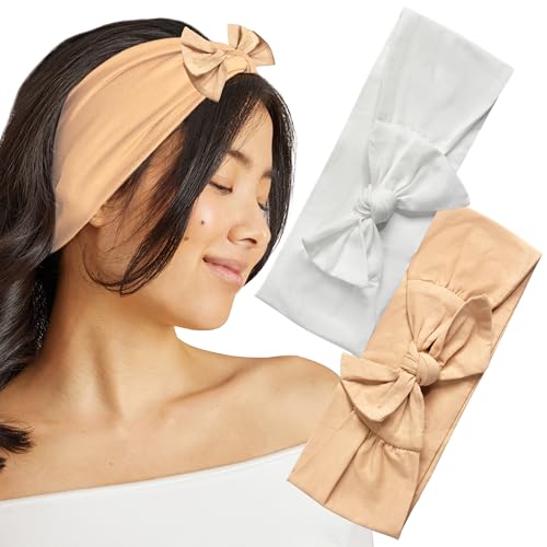 Image of Kitsch Wide Headbands for Women - Fashion Sports Headband for Workout, Yoga, Gym, Running | Stretchy & Adjustable Bow Head Bands for Women’s Hair | Ideal Gifts for Women - White and Sand, 2pcs