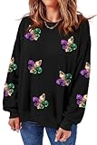 Ecosunny Women's Black Sequin Carnival Graphic Sweatshirt Round Neck Long Sleeve Casual Print Holiday Tops Mardi Gras