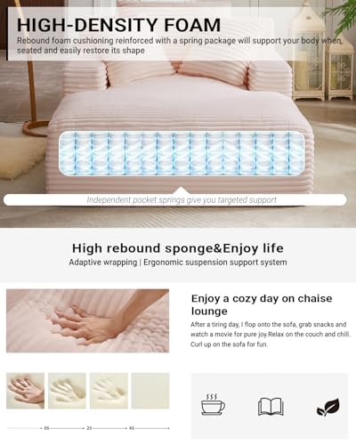 Image of 67 Inch Chaise Lounge Chair Indoor, Oversized Corduroy Upholstered Boneless Sofa Bed, Deep Seat Sleeper Couch Reading Chairs, Cloud Sofas Couches for Living Room, No Assembly Required (Pink)
