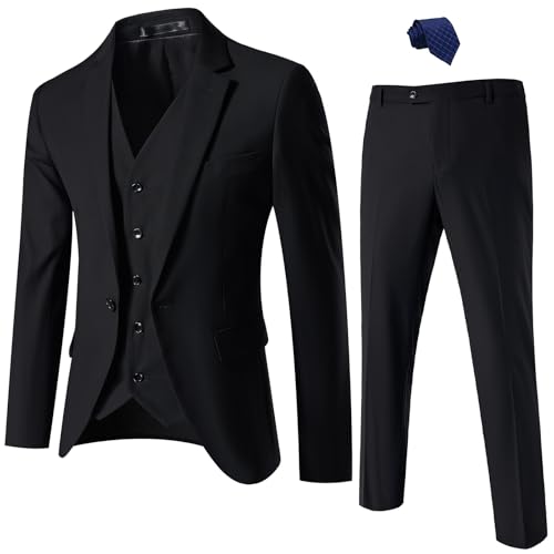 Mens Suit Slim Fit, 3 Piece Suit for Men, One Button Solid Jacket Vest Pants with Tie, Tuxedo Set