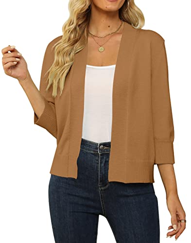 Image of Women's 3 /4 Sleeve Cropped Cardigan Sweater Open Front Short Shrugs Cardigans Lightweight Sweaters