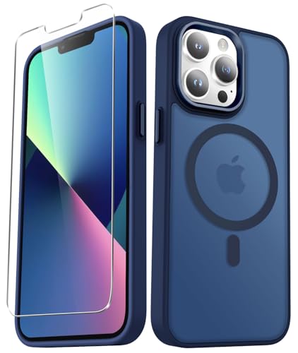 Image of YENAPOON for iPhone 13 Pro Case, Matte Magnetic Phone Case, Navy Blue | Fit for Magsafe, Screen Protector Included, Translucent Frosted Slim Shockproof Protective Cover