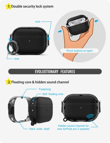 Guarzfun Case For Airpods Pro 2Nd Generation Case 2022, Secure Lock Clip Airpod Pro 2 Case, Hybrid Material, Full Body Protective Cover For New Airpod Pro 2 & Airpod Pro (Black + Black) #TOP2