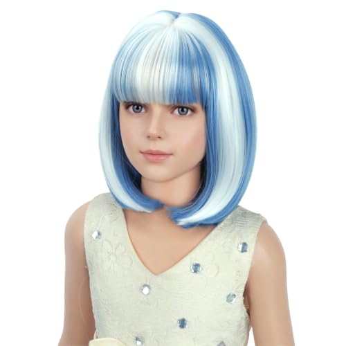 Image of PATTNIUM Blue and White Bob Wig Short Blue Straight Wig with Bangs Cosplay Party Synthetic Rose Net Daily Wear Wig
