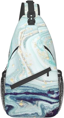 Botell Gold Blue Liquid Marble Luxury Sling Bag for Women Men Crossbody Backpack Cycling Hiking Daypack Shoulder Chest Bag with Adjustable Strap