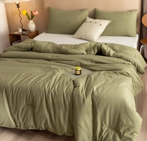 Image of ROSGONIA Oversized King Comforter 120x120, 3pcs Super King Comforter (1 Olive Green Comforter & 2 Pillowcases) Lightweight Warm Bedding Set Quilt