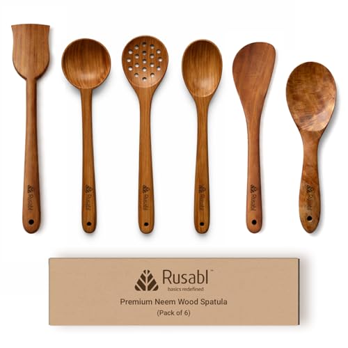 Image of Rusabl Pack of 6 Neem Wood Spatula, Spoonula, Slotted Spoon, Ladle, Turner | Serving Spoon, Seamless Design Non Stick Cookware for Cooking and Baking