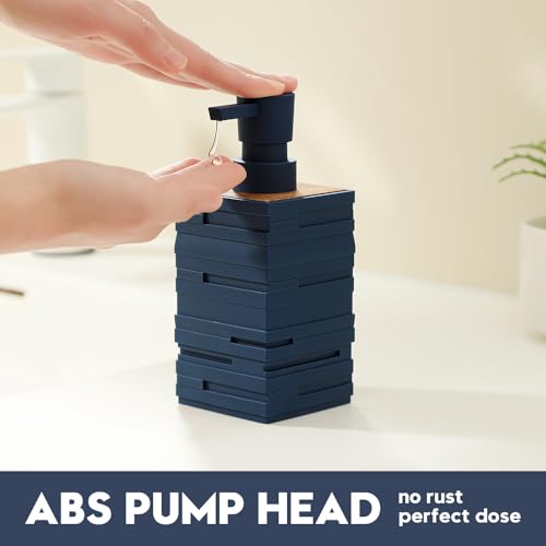 Image of YAUKPH Matte Blue Teak Wood Hand Soap Dispenser 10 oz Square for Bathroom and Kitchen Countertops
