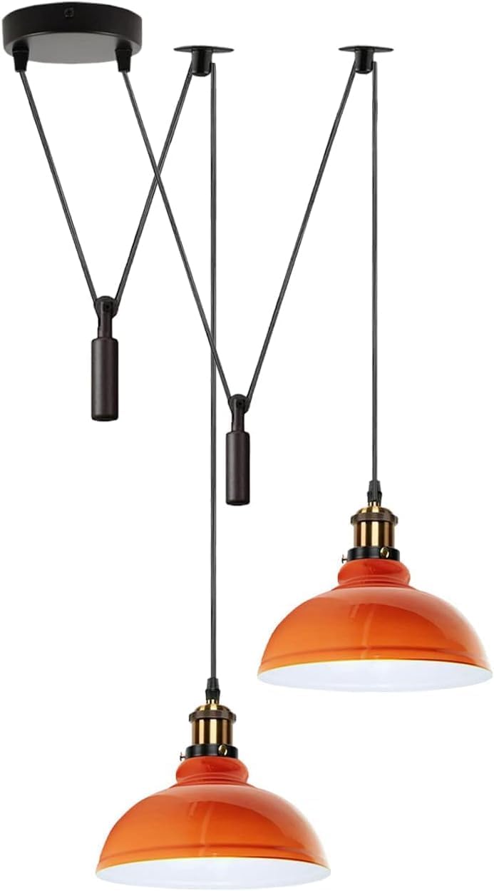 DC VOLTAGE 2 Head Spider Lamp Pendant Light Vintage Ceiling Fitting 29cm Metal Lamp Shade 60w E27 Base 195cm Adjustable Cord for Living Room, Kitchen Orange