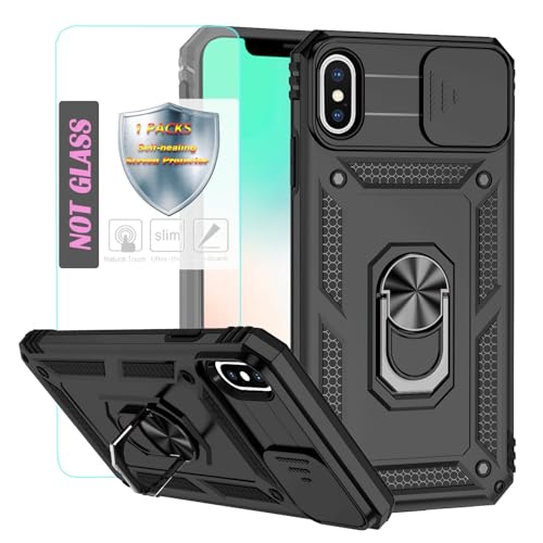 YmhxcY Handyhülle Für iPhone XS Max Hülle [mit 1 Stück Schutzfolie] 360Drehen MetallständerStoßfester Schutz HartschaleMit Kameraschutzfor iPhone XS Max case-Schwarz