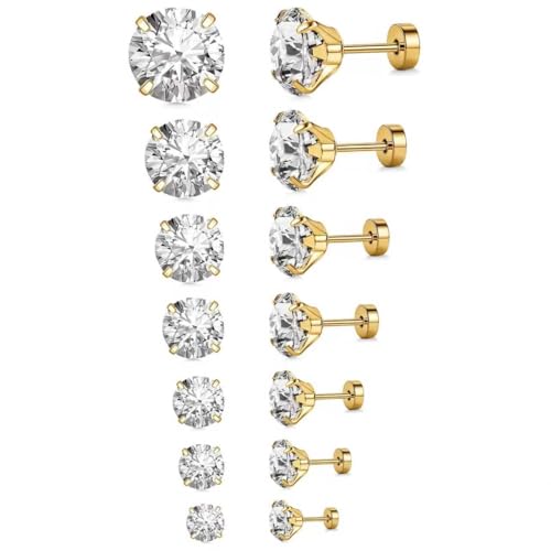 RIYSGHNQ Stainless Steel Stud Earrings, 7 Pairs, Gold, Butterflyback