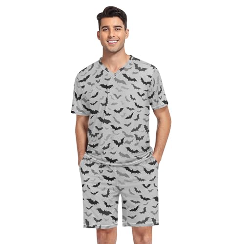 Bat Men’s Pajama Sets Short Sleeve Lounge Wear with Elastic Waistband and Drawstring