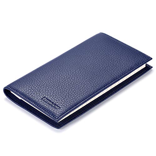 Image of HISCOW Slim Leather Checkbook Cover for Personal Checks, Pebbled Blue, One Size | Full grain cowhide, transaction register & check book pockets, removable duplicate divider, durable stitching, gifts for men
