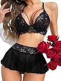 Foxiny Sexy Mini Skirt with Thong Floral Lace Sheer Bralette Lingerie Set 3 Piece Otufits Women See Through Bra Panty Strappy Black Medium