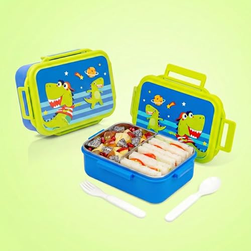 Image of Tiffin Box for School - Lunch Box for Kids Boys - Snacks Boxes for Girls - 900 ml Stainless Steel Tiffin Box, Leak-Proof 4-Side Locks, BPA-Free Food-Grade Material with Removable Divider, Dinos