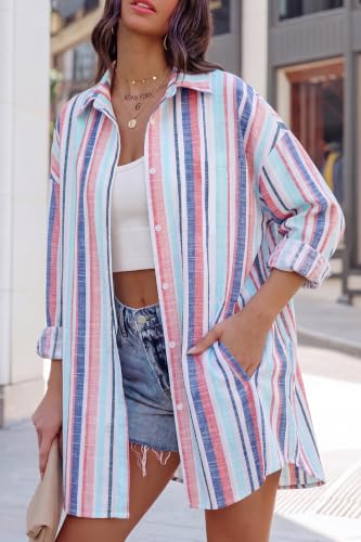 Image of FSHAOES Womens Oversized Button Down Shirts Casual Loose Long Sleeve Solid Lapel Long Blouses Tops with Pockets
