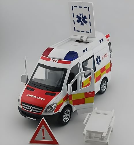 Toybot 1:32 Scale Die-Cast Mercedes Ambulance Emergency Rescue Toy, Light and Siren Sound Effects, Pull-Back Action, Openable Doors and Rear Hatch for Kids