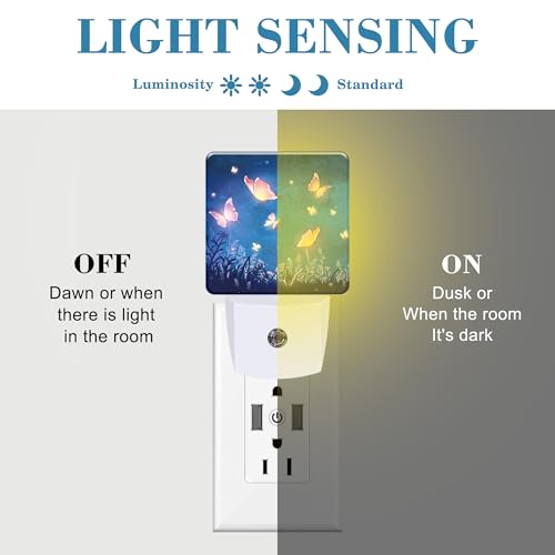 Image of Night Light Plug into Wall Glowing Butterflies Flying in Garden with Dusk to Dawn Sensor for Kid Girls Boys Room Decor, Hallway, Kitchen, Bathroom, Nursery, Stairs